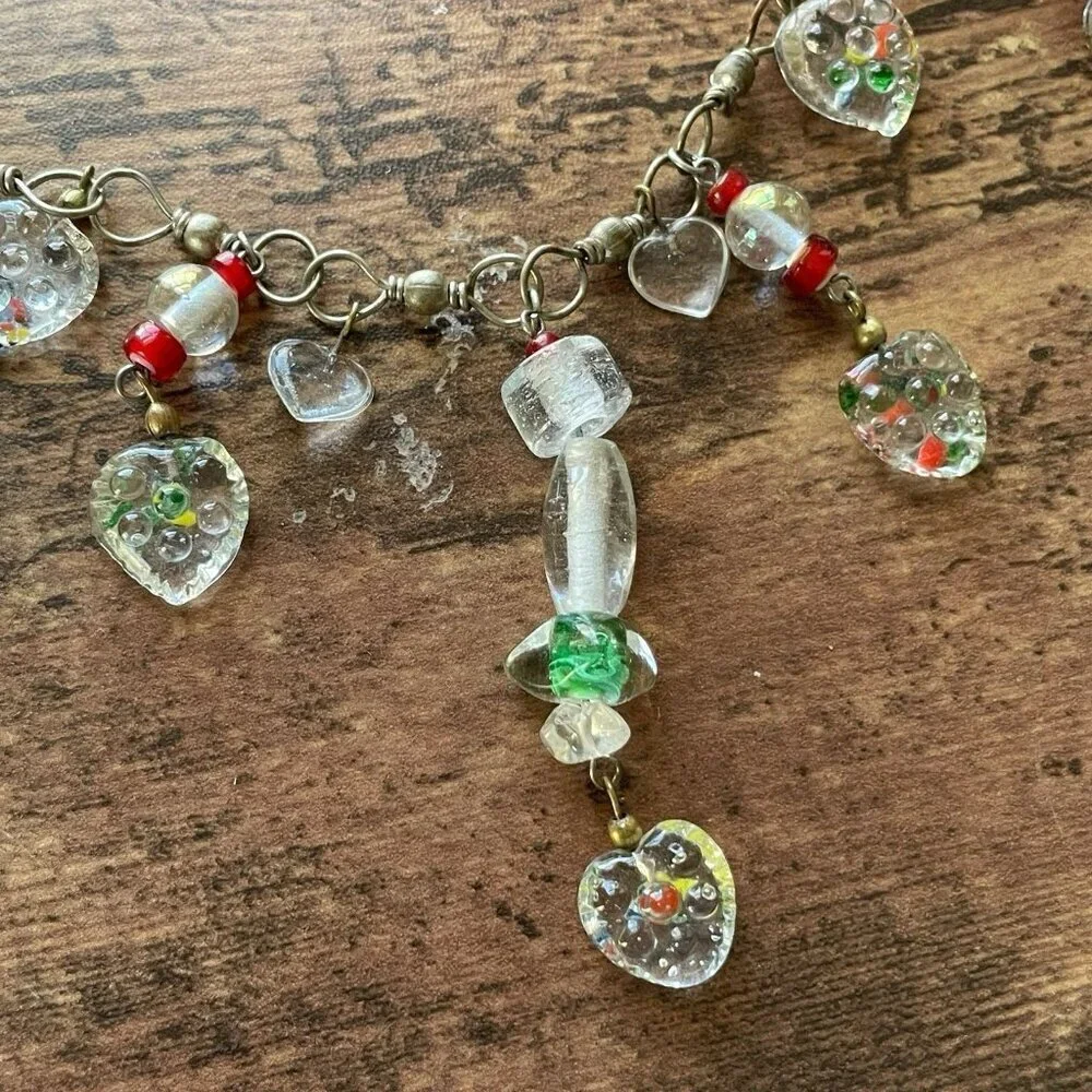 Vintage Art Glass Heart Charm Necklace Long Length 30